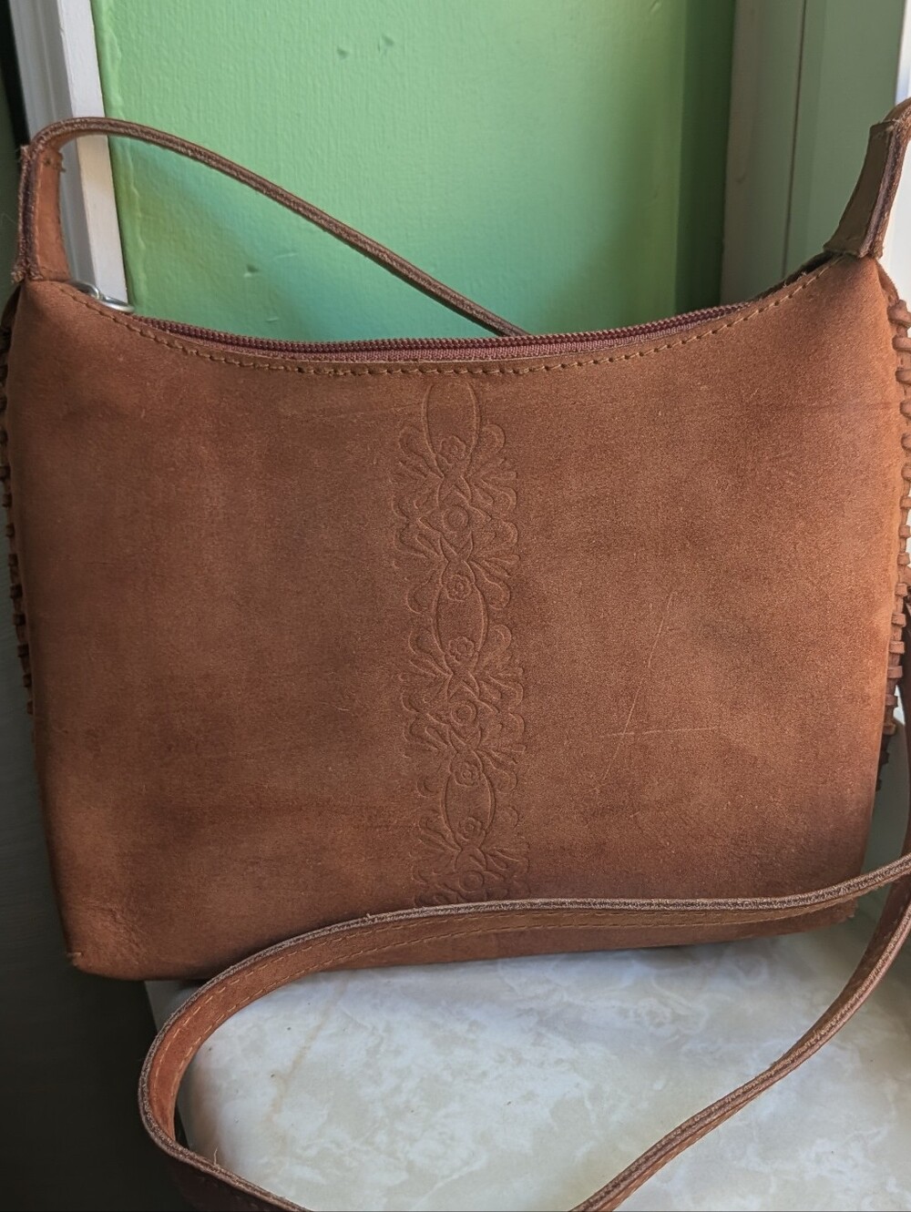 Wilsons Leather Maxima Brown Suede with Floral Detail Crossbody Purse